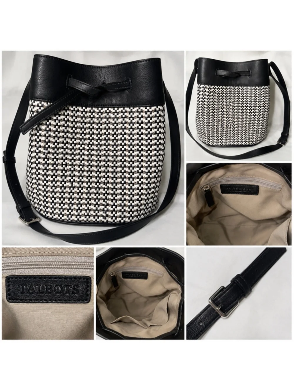 Talbots Woven Bucket Bag Black White Crossbody Boho Coastal Chic Purse